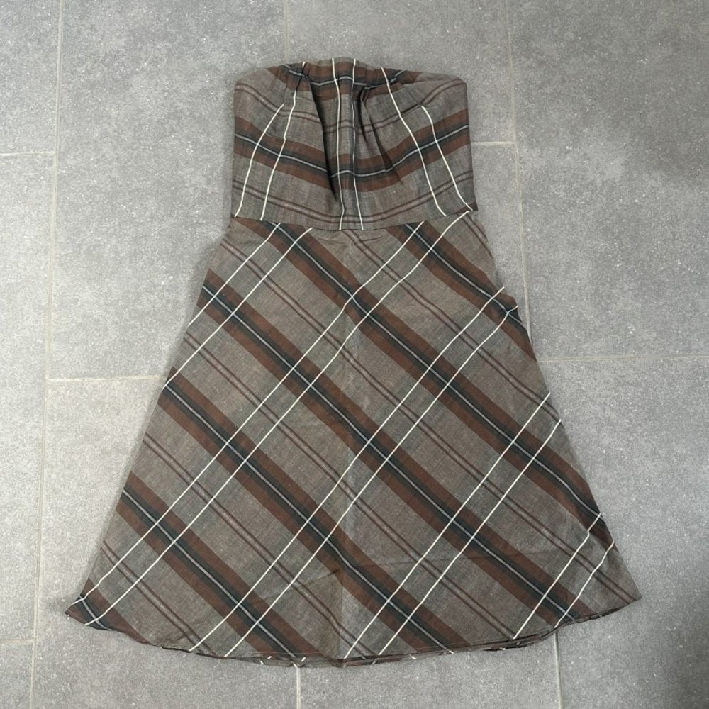 Plaid Linen Blend A-Line Strapless Dress
